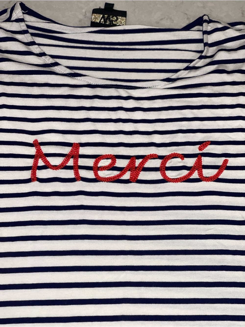 W5 Navy & White Striped Short Sleeve Tee with Red 'Merci' Script